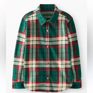 French Terry Plaid Button-Up Shirt Jacket in Green, Red & Cream